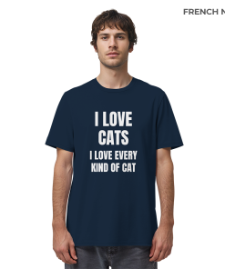 Mann trägt marineblaues Cat Lover Statement Shirt mit minimalistischem Katzen Spruch