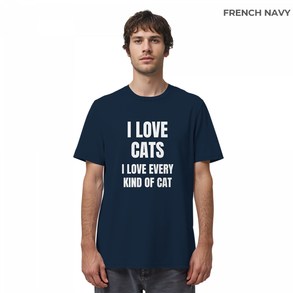 Mann trägt marineblaues Cat Lover Statement Shirt mit minimalistischem Katzen Spruch