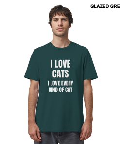 Mann trägt dunkelgrünes Cat Lover Statement Shirt mit minimalistischem Katzen Spruch