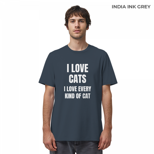 Mann trägt antrazithfarbenes Cat Lover Statement Shirt mit minimalistischem Katzen Spruch