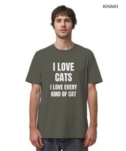 Mann trägt khakifarbenes Cat Lover Statement Shirt mit minimalistischem Katzen Spruch