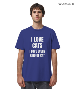 Mann trägt blaues Cat Lover Statement Shirt mit minimalistischem Katzen Spruch