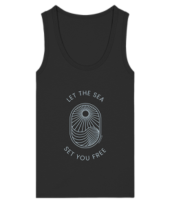 Schwarzes Tank Top Damen mit Let the Sea Set You Free Print in Ice Blue