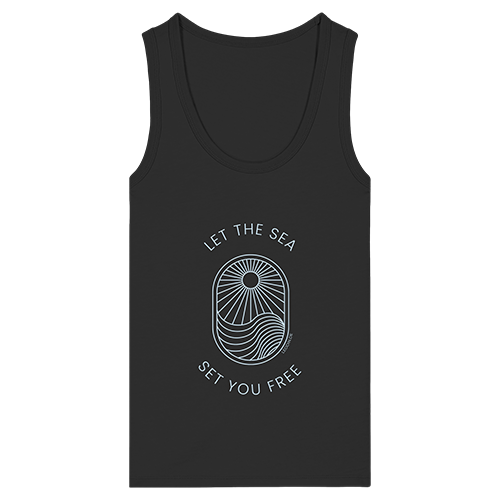 Schwarzes Tank Top Damen mit Let the Sea Set You Free Print in Ice Blue
