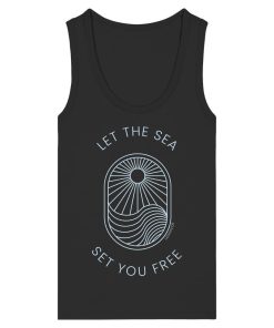Schwarzes Tank Top Damen mit Let the Sea Set You Free Print in Ice Blue