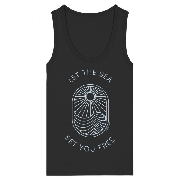 Schwarzes Tank Top Damen mit Let the Sea Set You Free Print in Ice Blue