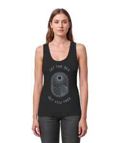 Model trägt schwarzes enganliegendes Tank Top Damen mit Beach Vibes Print