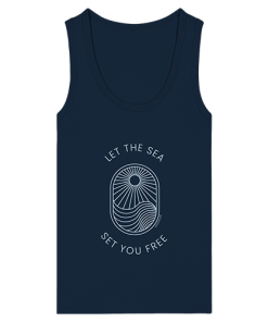 Marineblaues Tank Top Damen mit Sonne und Wellenmotiv in Ice Blue
