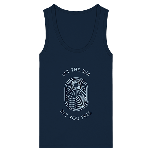 Marineblaues Tank Top Damen mit Sonne und Wellenmotiv in Ice Blue