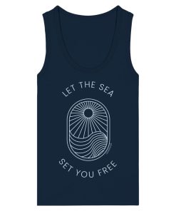 Marineblaues Tank Top Damen mit Sonne und Wellenmotiv in Ice Blue