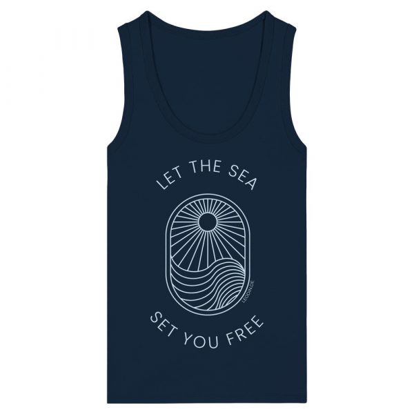 Marineblaues Tank Top Damen mit Sonne und Wellenmotiv in Ice Blue
