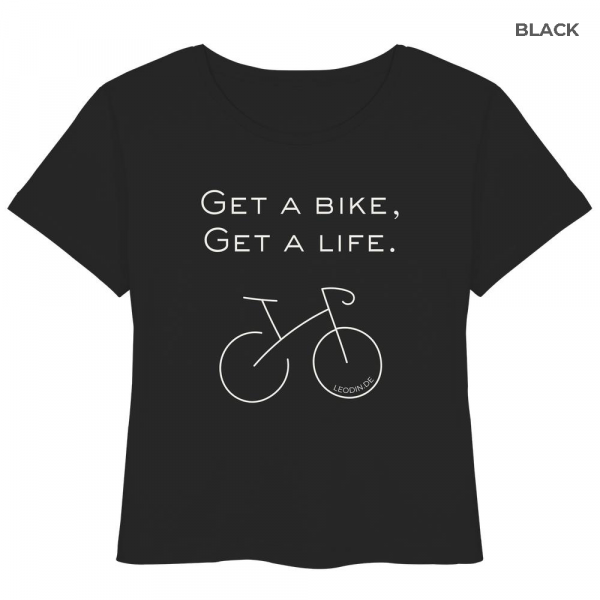 Schwarzes Rennrad T-Shirt Damen aus Bio-Baumwolle mit Fahrradmotiv und Statement Schriftzug