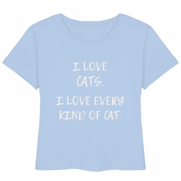 taubenblaues Katzenliebhaber Shirt mit Aufdruck „I love every kind of cat“ aus Bio-Baumwolle