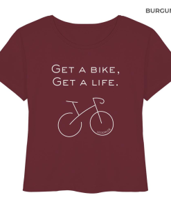 Bordeauxfarbenes Rennrad T-Shirt Damen Bio mit „Get a bike Get a life“ Spruch und minimalistischer Fahrradgrafik