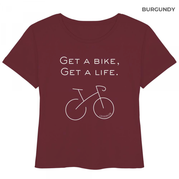 Bordeauxfarbenes Rennrad T-Shirt Damen Bio mit „Get a bike Get a life“ Spruch und minimalistischer Fahrradgrafik