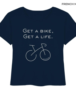 Dunkelblaues Rennrad T-Shirt Damen Bio mit Line Art Fahrrad und Bike Spruch