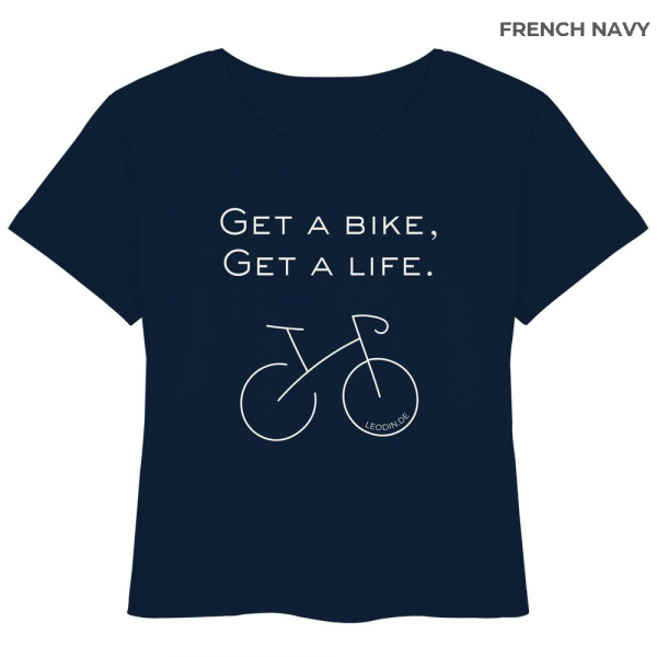 Dunkelblaues Rennrad T-Shirt Damen Bio mit Line Art Fahrrad und Bike Spruch