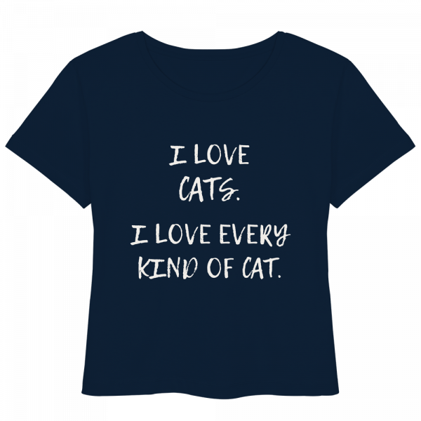 dunkelblaues Katzenliebhaber Shirt mit Aufdruck „I love every kind of cat“ aus Bio-Baumwolle