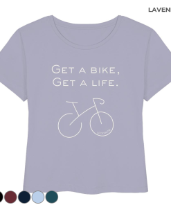 Lavendelfarbenes Rennrad T-Shirt Damen mit dezentem Fahrradmotiv und „Get a bike Get a life“