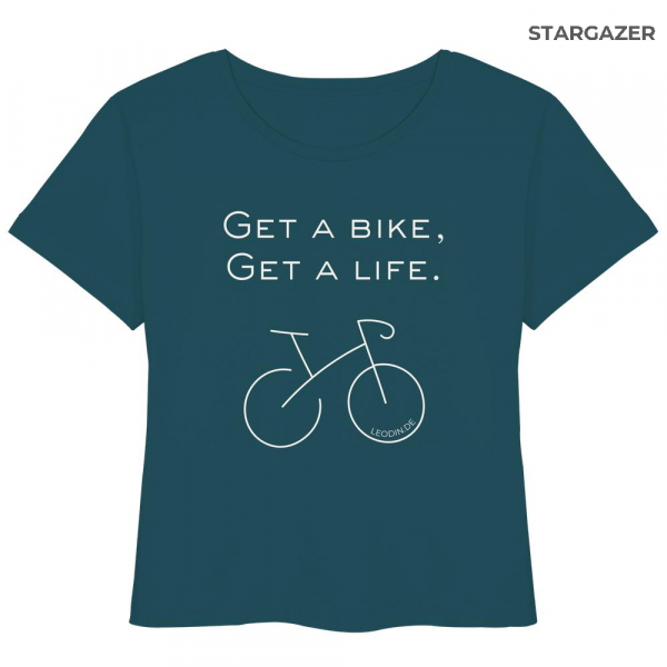 Petrolblaues Fahrrad T-Shirt Damen Bio mit minimalistischem Rennrad Design und Schriftzug