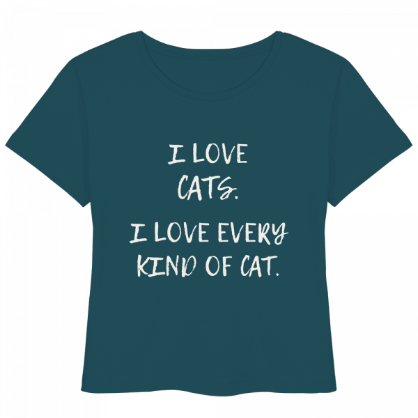 petrolblaues Katzenliebhaber Shirt mit Aufdruck „I love every kind of cat“ aus Bio-Baumwolle