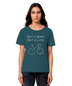 Model trägt petrolfarbenes Fahrrad Shirt Damen Bio mit Rennrad Grafik