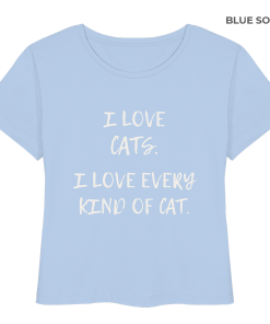 taubenblaues Katzenliebhaber Shirt mit Aufdruck „I love every kind of cat“ aus Bio-Baumwolle