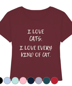 bordeauxfarbenes Katzenliebhaber Shirt mit Aufdruck „I love every kind of cat“ aus Bio-Baumwolle