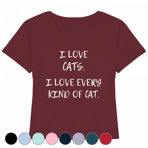 bordeauxfarbenes Katzenliebhaber Shirt mit Aufdruck „I love every kind of cat“ aus Bio-Baumwolle