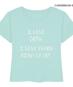 türkisfarbenes Katzenliebhaber Shirt mit Aufdruck „I love every kind of cat“ aus Bio-Baumwolle