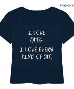 dunkelblaues Katzenliebhaber Shirt mit Aufdruck „I love every kind of cat“ aus Bio-Baumwolle