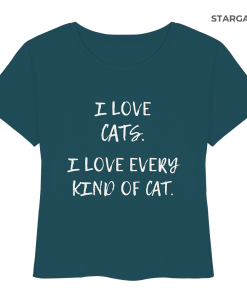 petrolblaues Katzenliebhaber Shirt mit Aufdruck „I love every kind of cat“ aus Bio-Baumwolle