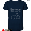 Rennrad T-Shirt Herren V-Ausschnitt in Navy mit „Get a bike Get a life“ Spruch und minimalistischer Fahrradgrafik
