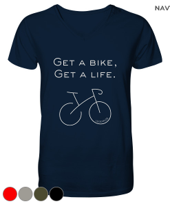 Rennrad T-Shirt Herren V-Ausschnitt in Navy mit „Get a bike Get a life“ Spruch und minimalistischer Fahrradgrafik