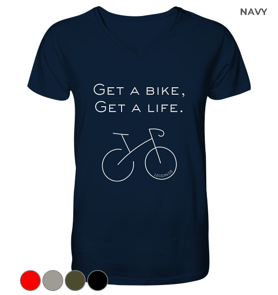 Rennrad T-Shirt Herren V-Ausschnitt in Navy mit „Get a bike Get a life“ Spruch und minimalistischer Fahrradgrafik