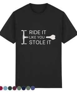 Schwarzes Fahrrad T-Shirt unisex mit „Ride it like you stole it“ Spruch und minimalistischen Bike Grafiken