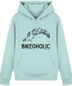 Türkisblauer Bike Hoodie unisex mit „Bikeoholic“ Statement und Fahrradmotiv
