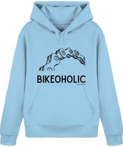 Hellblauer Fahrrad Hoodie unisex mit Bikeoholic Print und stilisierter Fahrradkette