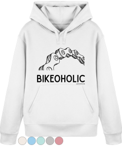 Weißer Bike Hoodie unisex mit minimalistischer Fahrradkette und „Bikeoholic“ Schriftzug