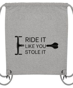 Grauer Turnbeutel mit lustigem Rennrad Spruch „Ride it like you stole it“ und modernem Bike Design