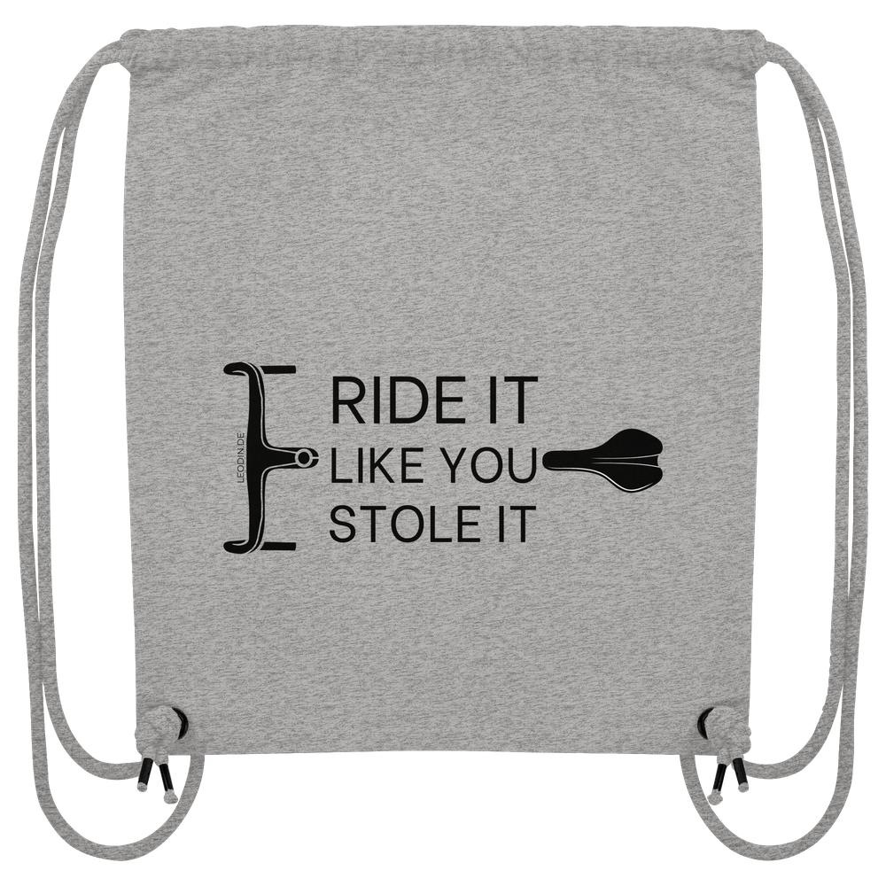 Grauer Turnbeutel mit lustigem Rennrad Spruch „Ride it like you stole it“ und modernem Bike Design