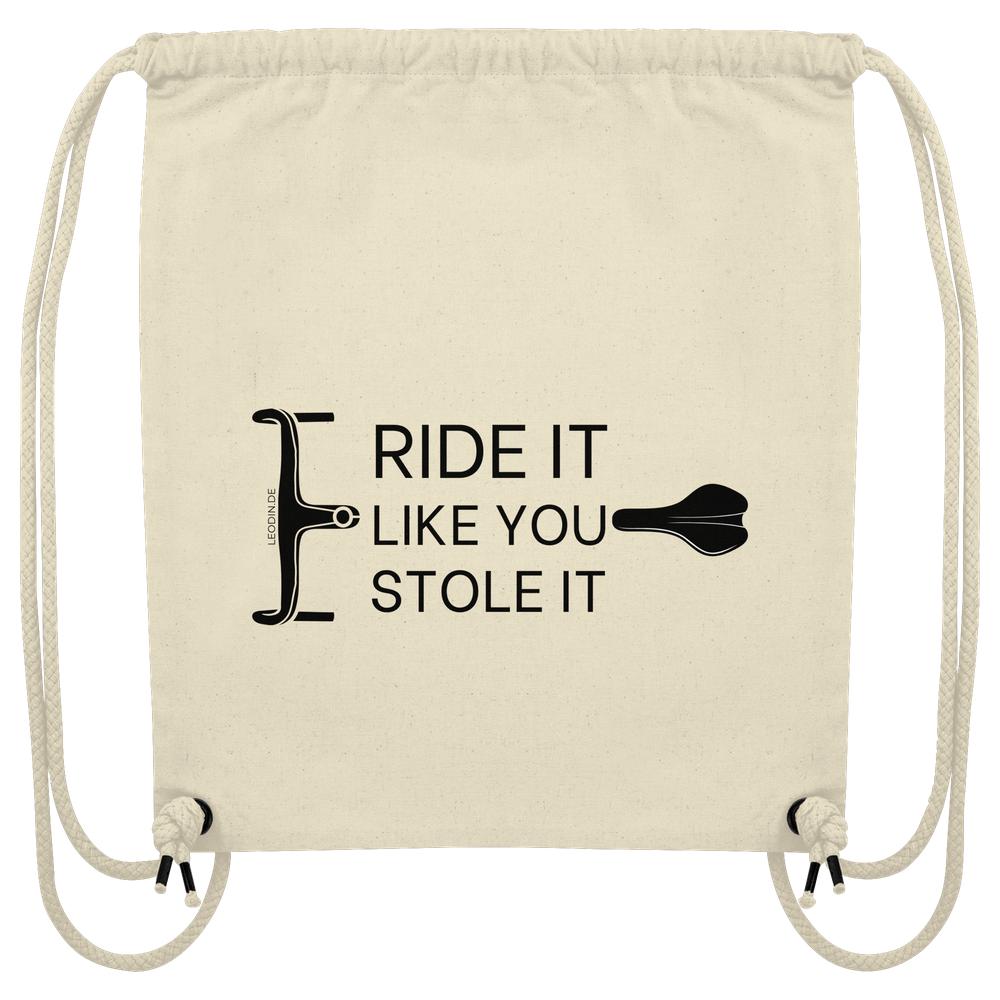 Naturweiße Gym Bag mit Fahrrad Spruch „Ride it like you stole it“ und minimalistischen Bike Grafiken