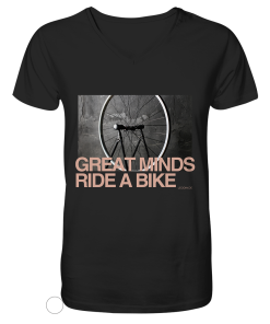 Schwarzes Bike Shirt mit V-Ausschnitt und „Great Minds Ride a Bike“ Fahrradmotiv