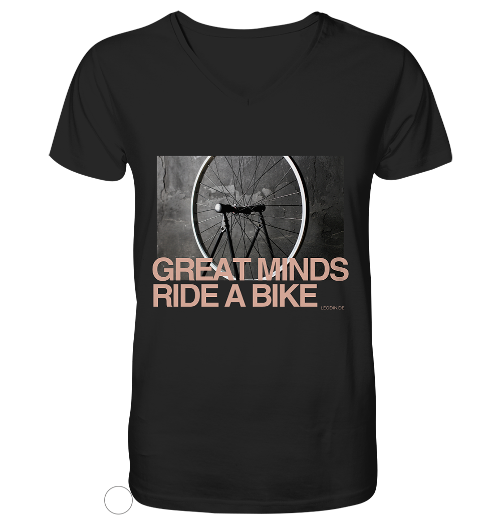 Schwarzes Bike Shirt mit V-Ausschnitt und „Great Minds Ride a Bike“ Fahrradmotiv