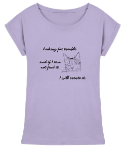 Lila Damen T-Shirt mit schwarzem Katzen-Print und Statement-Spruch, Long Fit mit überschnittenen Ärmeln