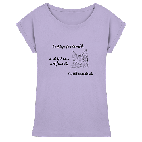 Lila Damen T-Shirt mit schwarzem Katzen-Print und Statement-Spruch, Long Fit mit überschnittenen Ärmeln