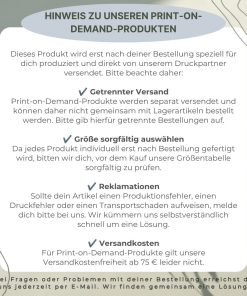 Infotafel mit Hinweisen für POD Artikel - Getrennter Versand, Größe sorgfältig prüfen, Reklamation, Versandkosten
