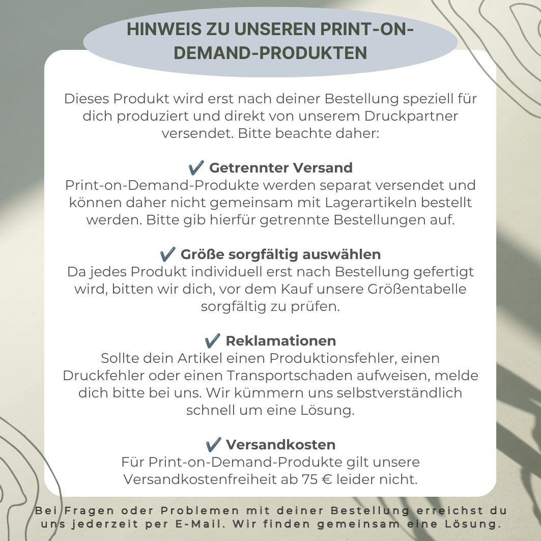 Infotafel mit Hinweisen für POD Artikel - Getrennter Versand, Größe sorgfältig prüfen, Reklamation, Versandkosten