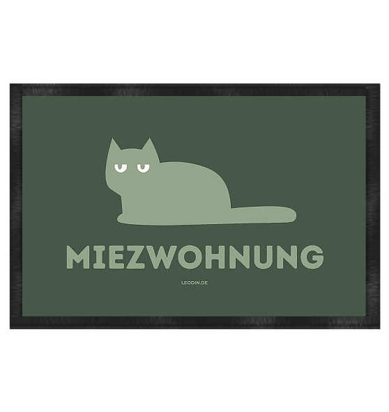 Katzen Fußmatte Miezwohnung Dunkelgrün mit heller Katze auf dunkelgrünem Hintergrund