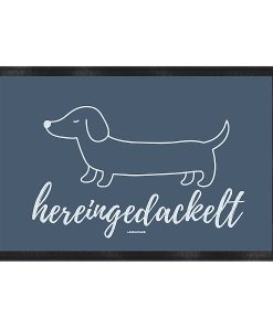 Hunde Fußmatte hereingedackelt Graublau mit stilisiertem Dackelmotiv
